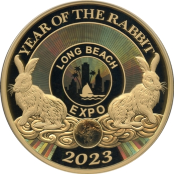 Long Beach Expo 2023 Gold 12oz Panda, Panda with rabbit, Year of the Rabbit
