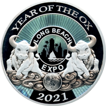 Long Beach Expo 2021 Platinum 2oz Panda, Pandas at the pagoda, Year of the Ox