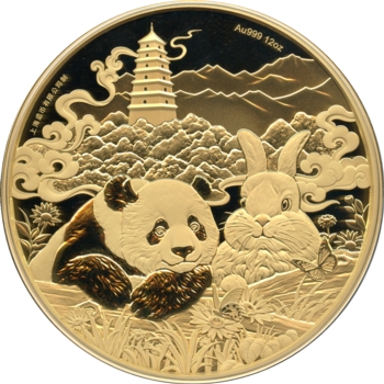 Long Beach Expo 2023 Gold 12oz Panda, Panda with rabbit, Year of the Rabbit